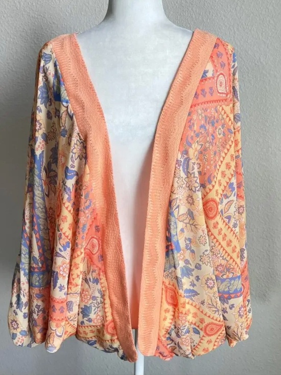 Miss Me Tops - Miss Me Orange Paisley Crochet Western Boho Kimono Top Size Small
